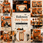 A collage showing a Halloween party bundle set of editable canva templates, including welcome signs, invitations, table signs, cupcake toppers, favor tags, menus, and photo booth signs in a spooky orange, black, and beige theme.