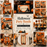 A collage showing a Halloween party bundle set of editable canva templates, including welcome signs, invitations, table signs, cupcake toppers, favor tags, menus, and photo booth signs in a spooky orange, black, and beige theme.