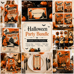 A collage showing a Halloween party bundle set of editable canva templates, including welcome signs, invitations, table signs, cupcake toppers, favor tags, menus, and photo booth signs in a spooky orange, black, and beige theme.