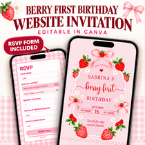 Berry first birthday website invitation template shown on two smartphone screens with large promotional text above. The design features pink gingham, pink bows, strawberries, and white text, plus an RSVP form callout on the left phone.