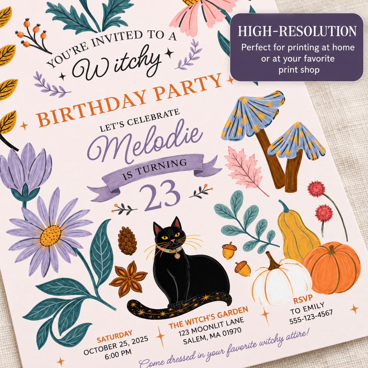 Close-up of a witchy birthday invitation with black cat and botanical illustrations, featuring a high-resolution badge for home or print shop printing.