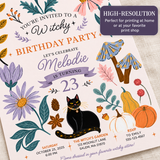 Close-up of a witchy birthday invitation with black cat and botanical illustrations, featuring a high-resolution badge for home or print shop printing.