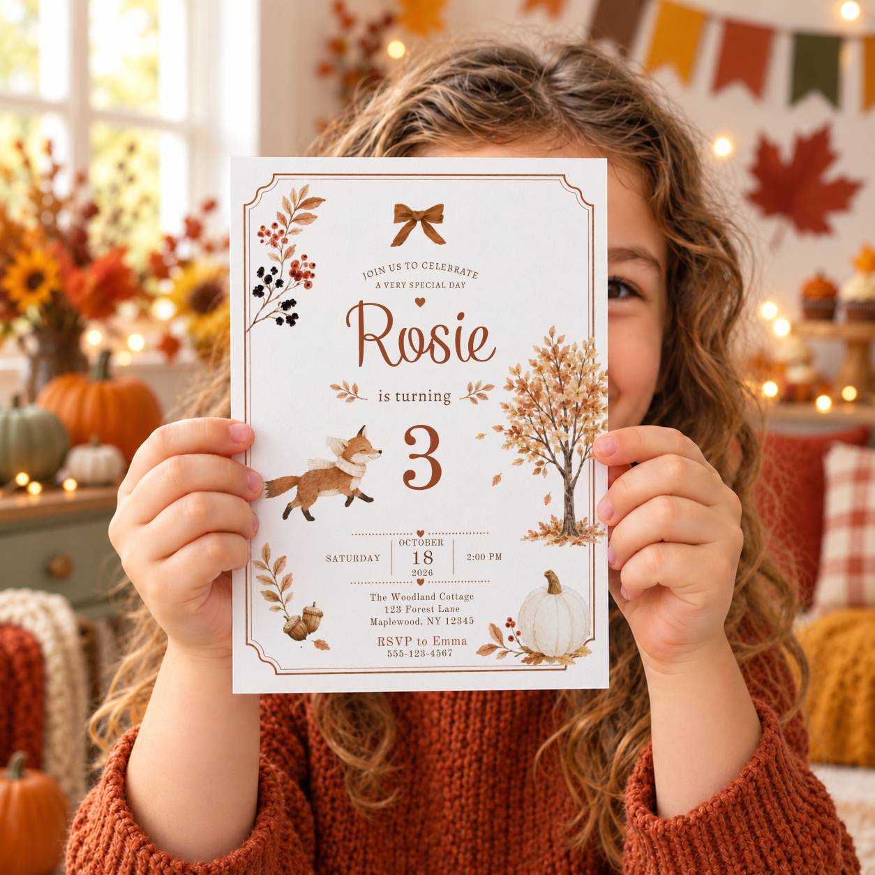 A young girl with curly hair holds a fall-themed 3rd birthday invitation card in front of her face. The card features autumn illustrations including a fox, tree, pumpkin, and leaves, with the text 'Rosie is turning 3'.