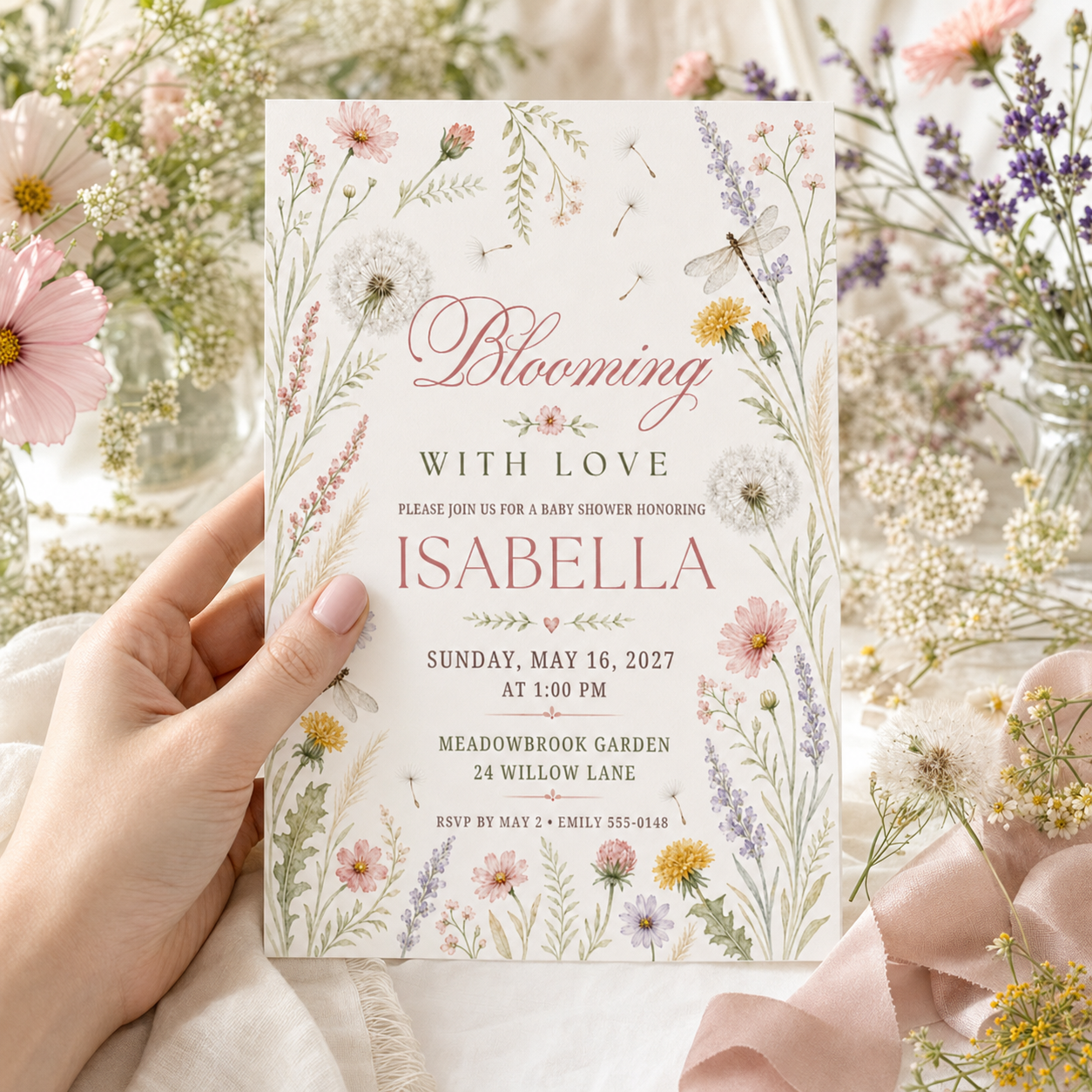 Hand holding a cream wildflower baby shower invitation with blush pink lettering in a garden setting.