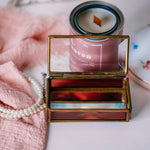 Handmade Mexican design glass jewelry box from Via Vermont on white surface, vintage collectible.