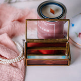 Handmade Mexican design glass jewelry box from Via Vermont on white surface, vintage collectible.