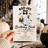 Editable Boo Jee Halloween birthday invitation held in hand with spooky chic ghost and leopard print design