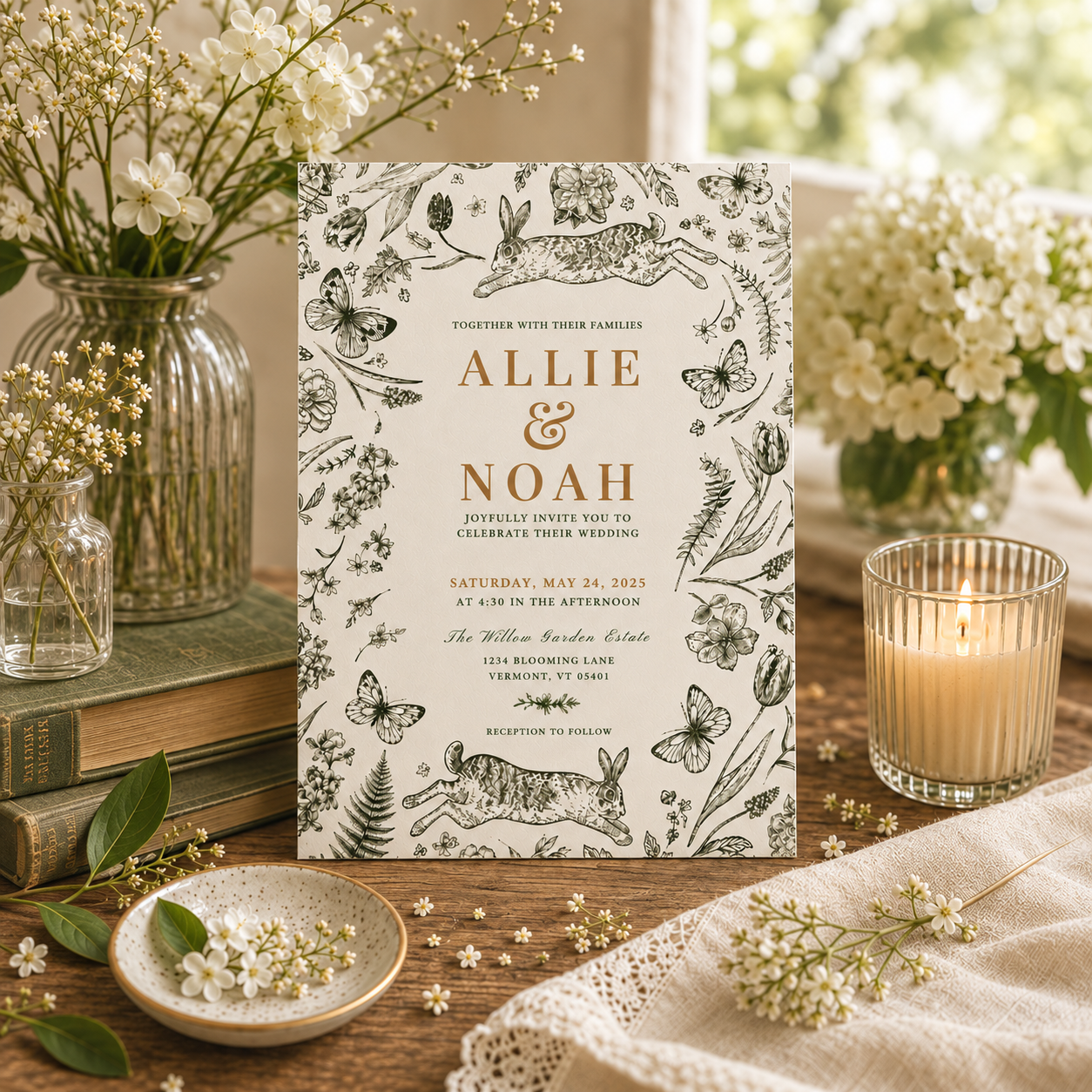 A botanical-themed wedding invitation card is displayed on a rustic wooden table surrounded by decorative props, including a lit candle in a glass holder, stacked books, small vases of white flowers, and a cream fabric runner.