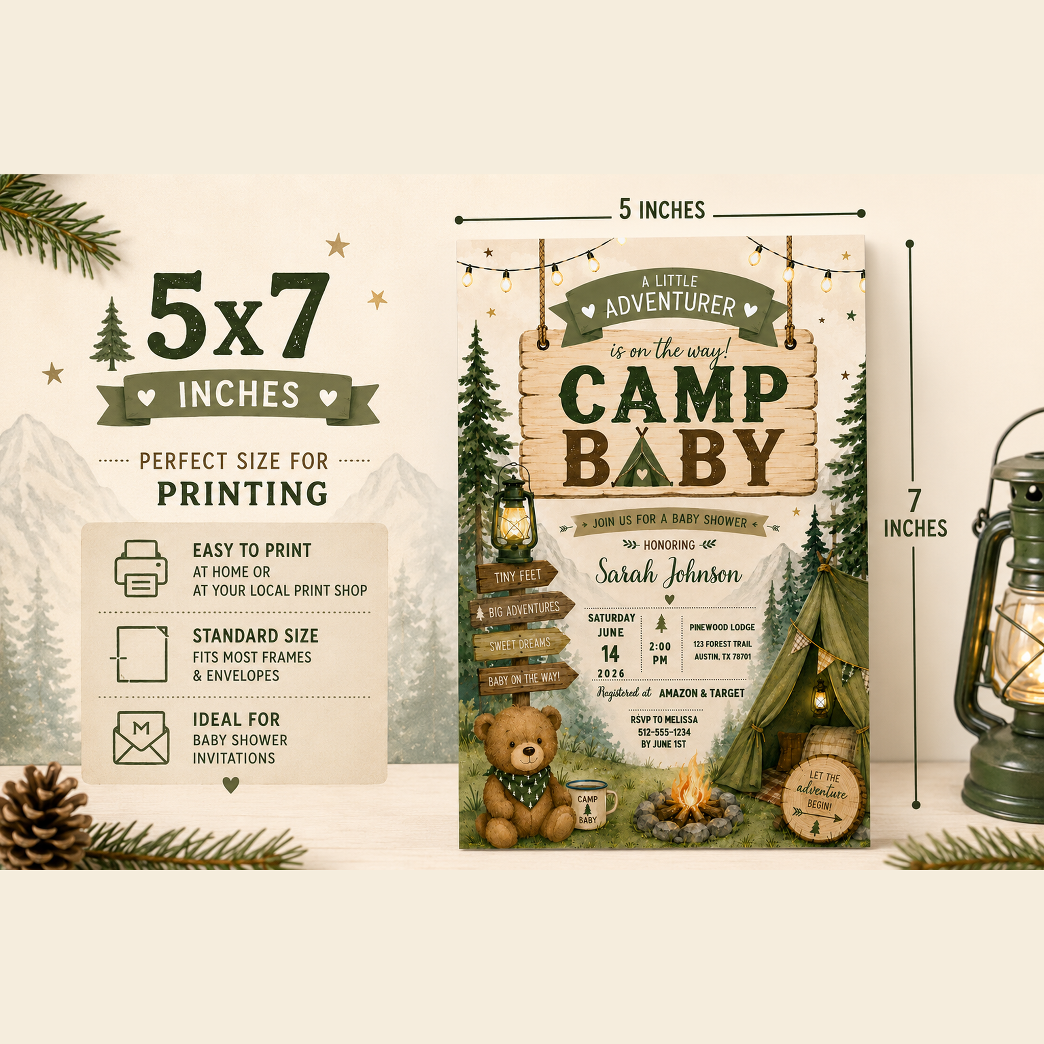 A 5x7 inch camp-themed baby shower invitation card shown on a light beige background with informational text on the left and dimension markers on the right. The card features rustic camping illustrations including a tree, lantern, teddy bear, campfire, and tent, with the main text 'CAMP BABY'.