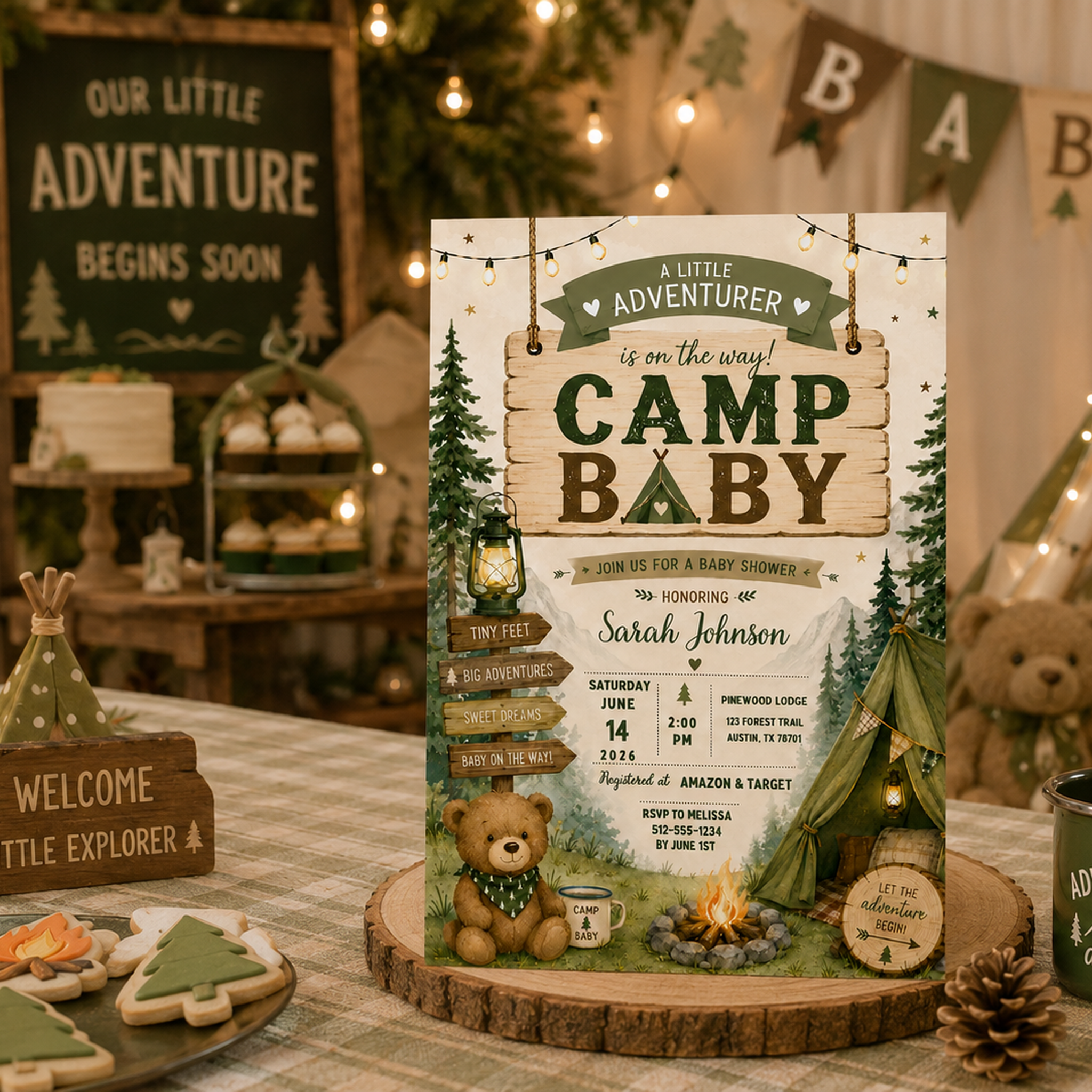 Camp Baby shower invitation displayed at a camping-themed party with string lights, lanterns and woodland cookies.