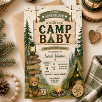 Camp Baby shower invitation with a teddy bear, tent and pine trees, displayed on a kraft envelope beside greenery and a lantern.
