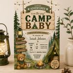 A rustic 'Camp Baby' baby shower invitation card styled on a wooden surface with a lantern, vase, and plant in the background.