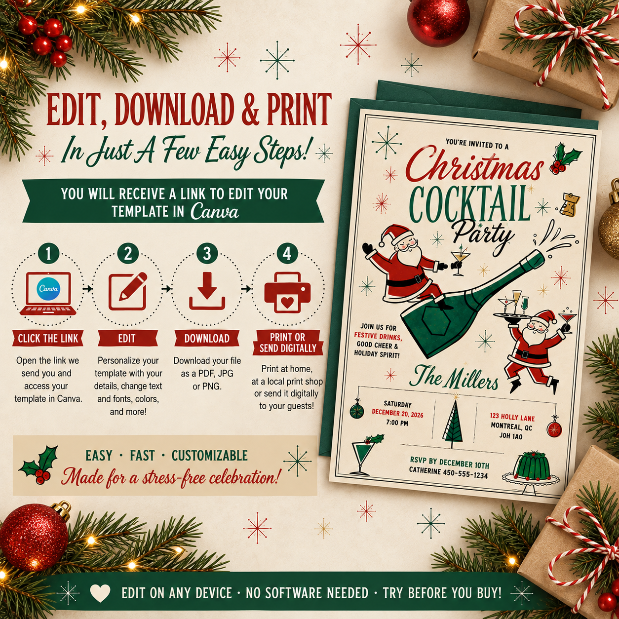 Editable Christmas cocktail party invitation template in Canva with step-by-step editing and printing instructions