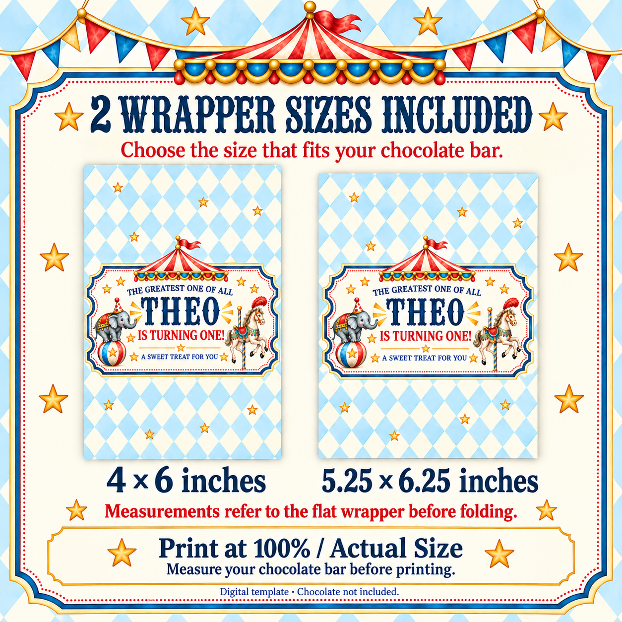 Chocolate wrapper templates in two flat sizes: 4 × 6 inches and 5.25 × 6.25 inches. Print at Actual Size.