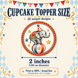 Vintage circus cupcake topper size guide showing a 2-inch diameter and instructions to print at 100% actual size.