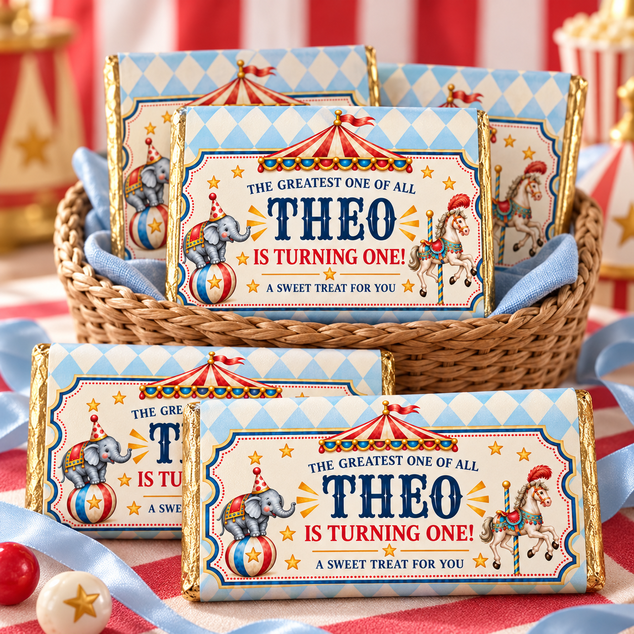 Personalized circus chocolate bars displayed in a woven basket with blue fabric and a red striped birthday backdrop.