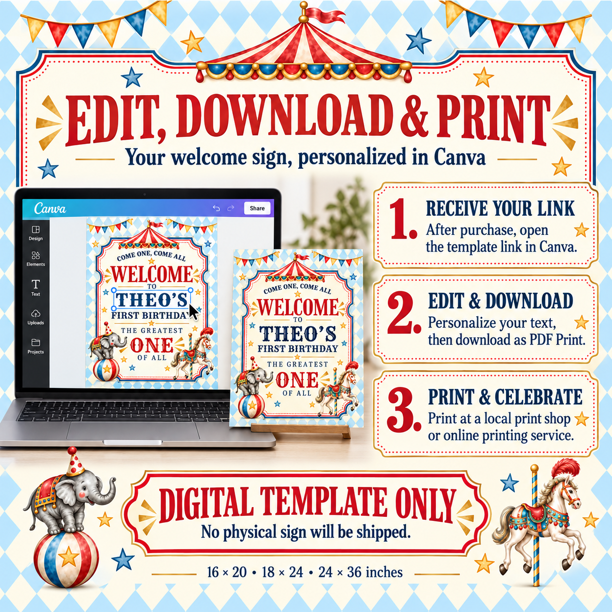 Instructions for opening the welcome sign template in Canva, editing the text, downloading as PDF Print and printing.