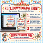 Instructions for opening the welcome sign template in Canva, editing the text, downloading as PDF Print and printing.