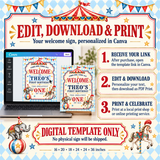 Instructions for opening the welcome sign template in Canva, editing the text, downloading as PDF Print and printing.