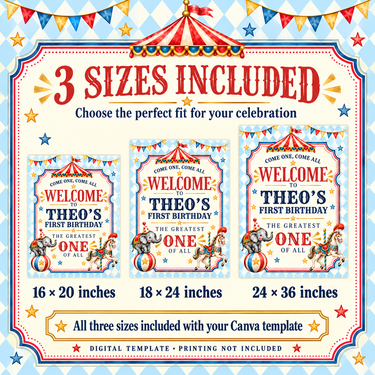 Canva welcome sign template includes three portrait sizes: 16 × 20, 18 × 24 and 24 × 36 inches.