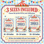 Canva welcome sign template includes three portrait sizes: 16 × 20, 18 × 24 and 24 × 36 inches.