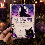 Hand holding a 5x7 editable Halloween invitation featuring a witch, black cat, purple pumpkin, bats and vintage purple Halloween design.