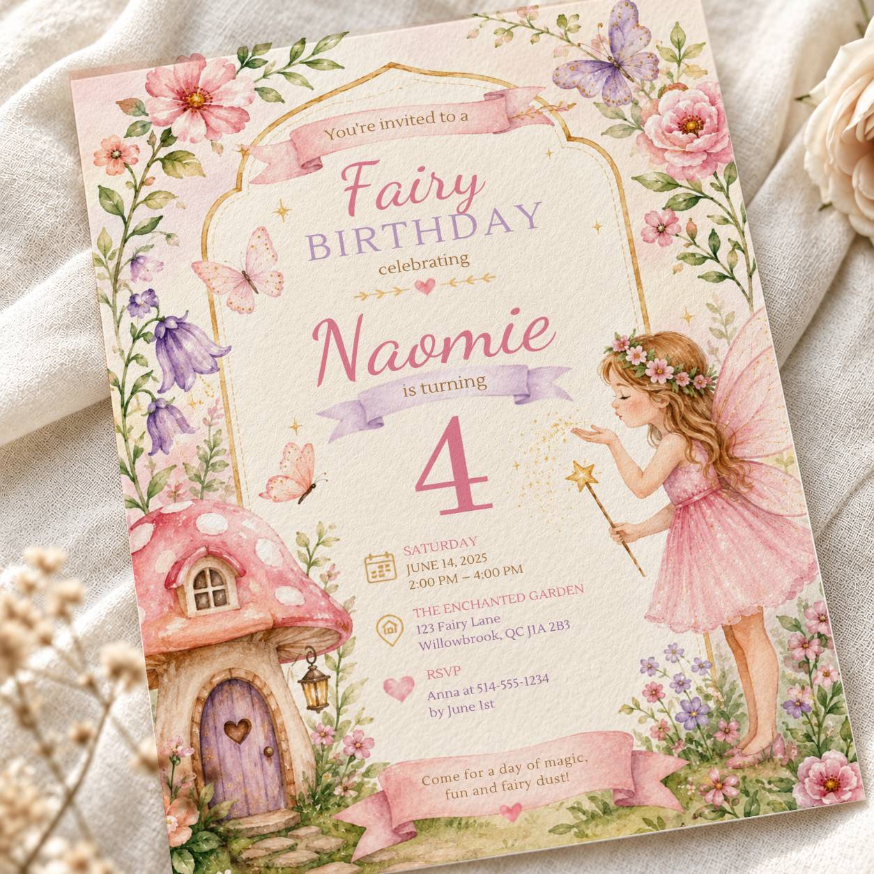 Close-up of pink floral fairy birthday invitation