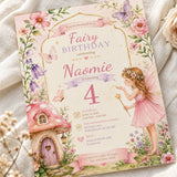 Close-up of pink floral fairy birthday invitation