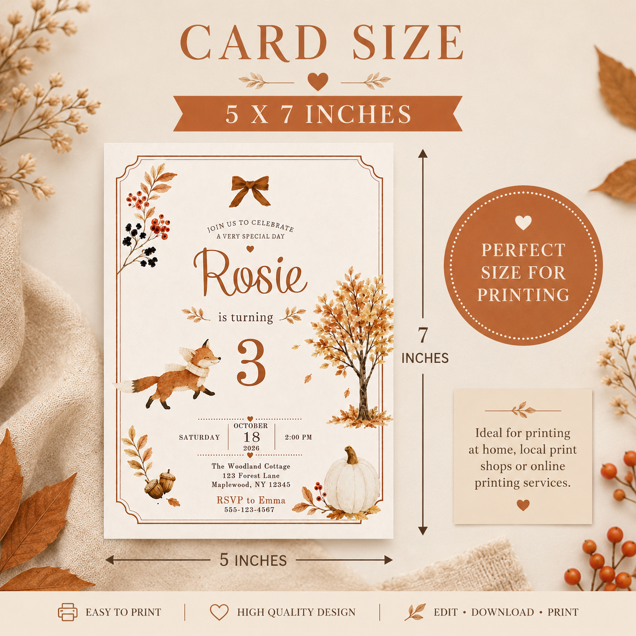 5x7 printable Fall Fox birthday invitation size guide for Canva editing