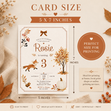 5x7 printable Fall Fox birthday invitation size guide for Canva editing