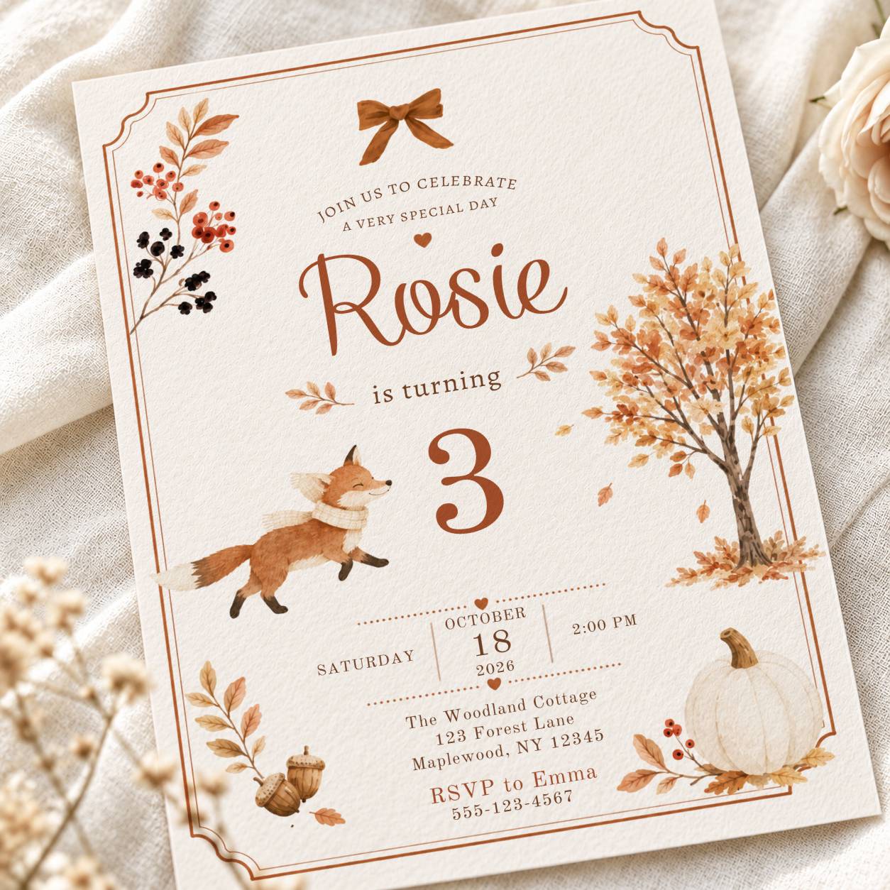 Fall Fox woodland birthday invite with autumn illustrations, 5x7 printable template