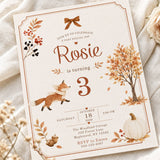 Fall Fox woodland birthday invite with autumn illustrations, 5x7 printable template