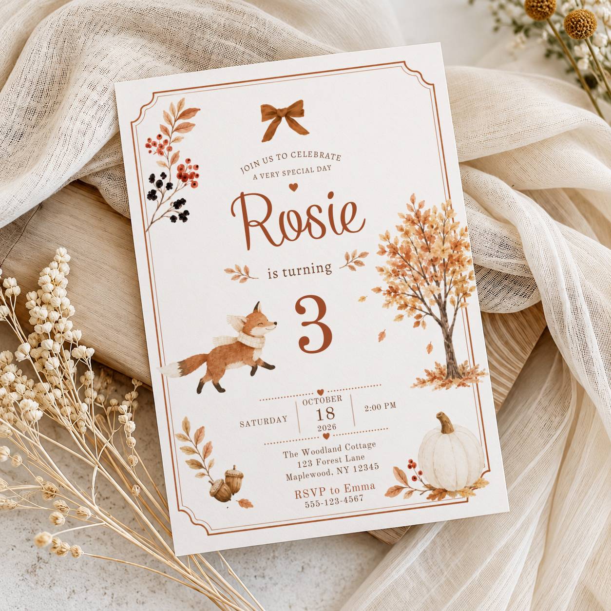 Fall fox birthday invitation template with woodland autumn design, editable in Canva