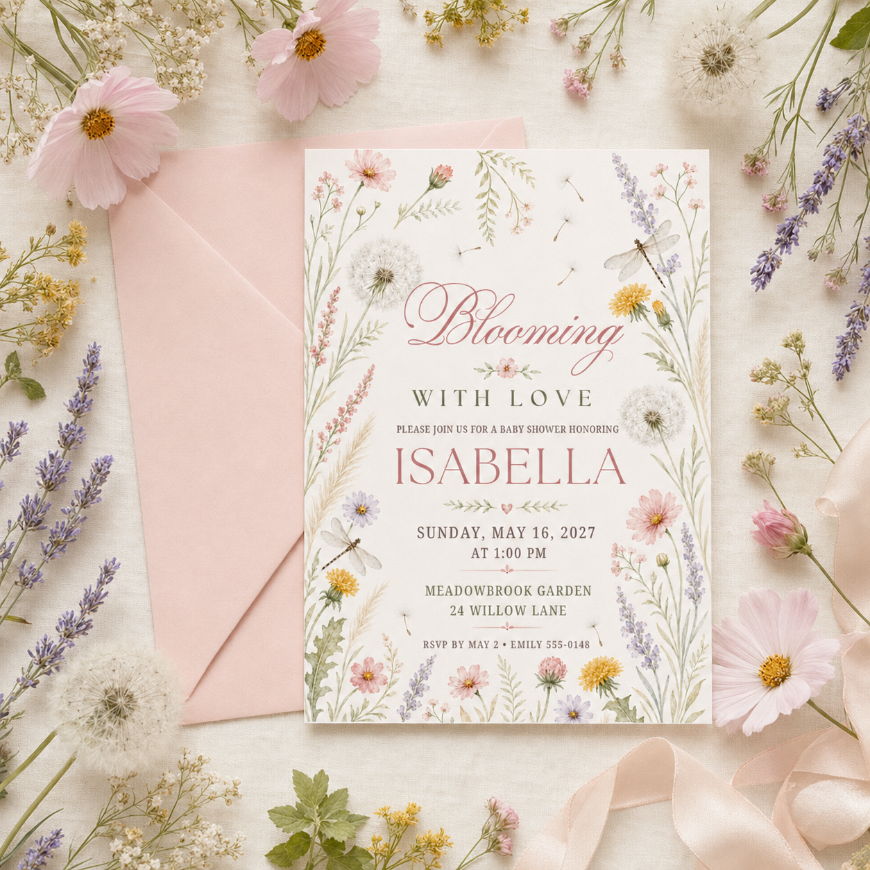 Blooming With Love baby shower invitation with watercolor wildflowers, displayed beside a pink envelope, flowers and ribbon.