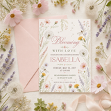 Blooming With Love baby shower invitation with watercolor wildflowers, displayed beside a pink envelope, flowers and ribbon.