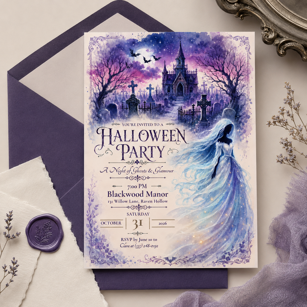 Printable Halloween party invitation with purple envelope featuring haunted house, cemetery and elegant ghost artwork