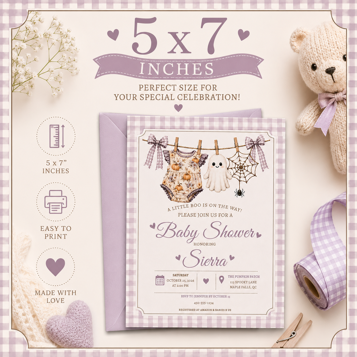 5x7 printable Halloween baby shower invitation size guide for Canva editing and printing