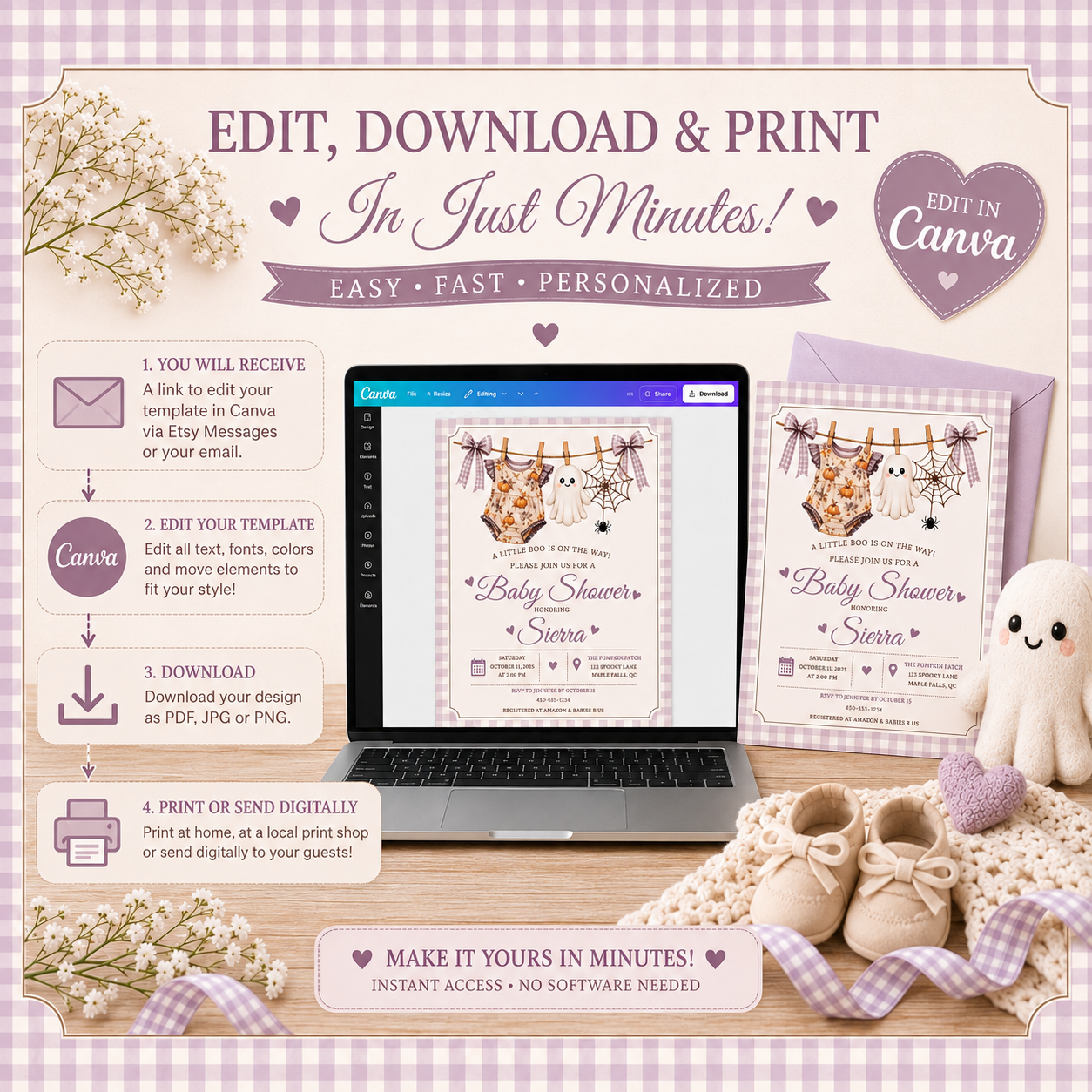 How to edit, download and print a Little Boo Halloween baby shower invitation in Canva