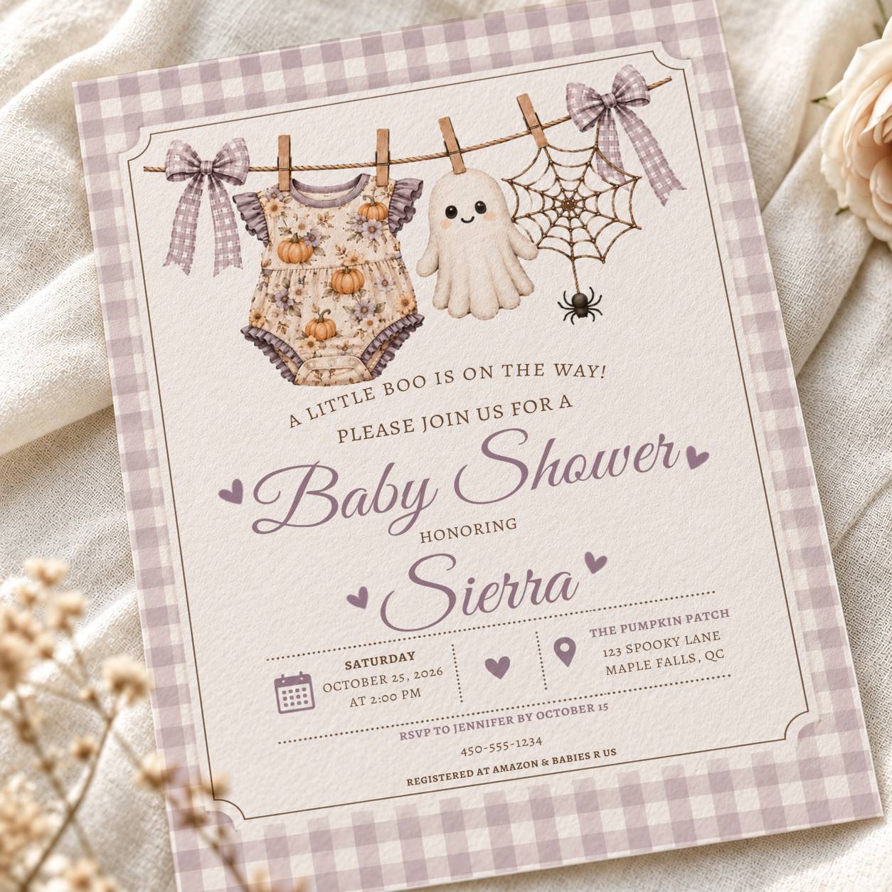 5x7 Halloween baby shower invitation featuring a Little Boo girl baby shower design