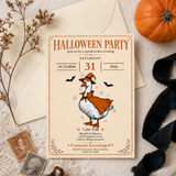 Vintage Halloween party invitation template displayed on cream linen with pumpkin, dried leaves and black ribbon