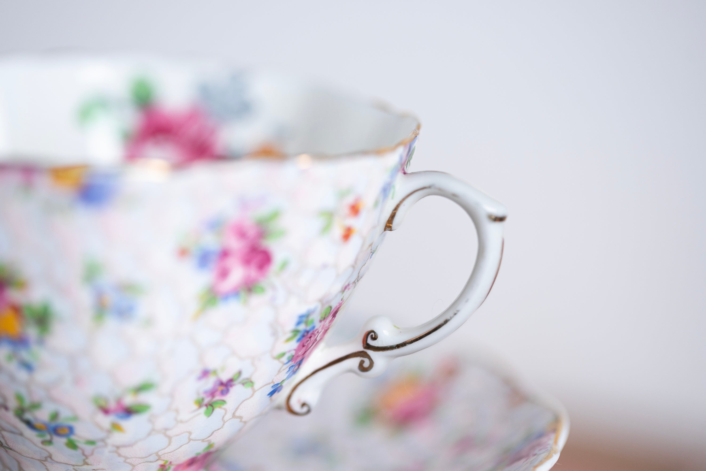 Grandmillennial style Hammersley teacup and saucer with gold accents