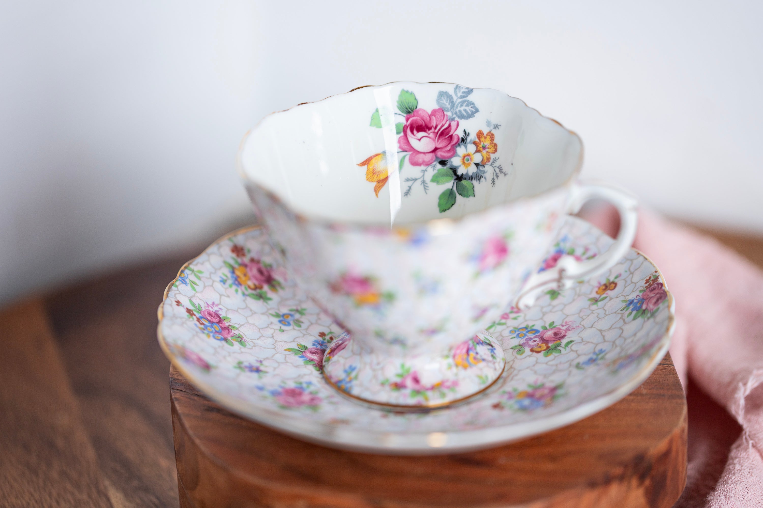 vintage Hammersley tea cup and saucer with colorful floral design