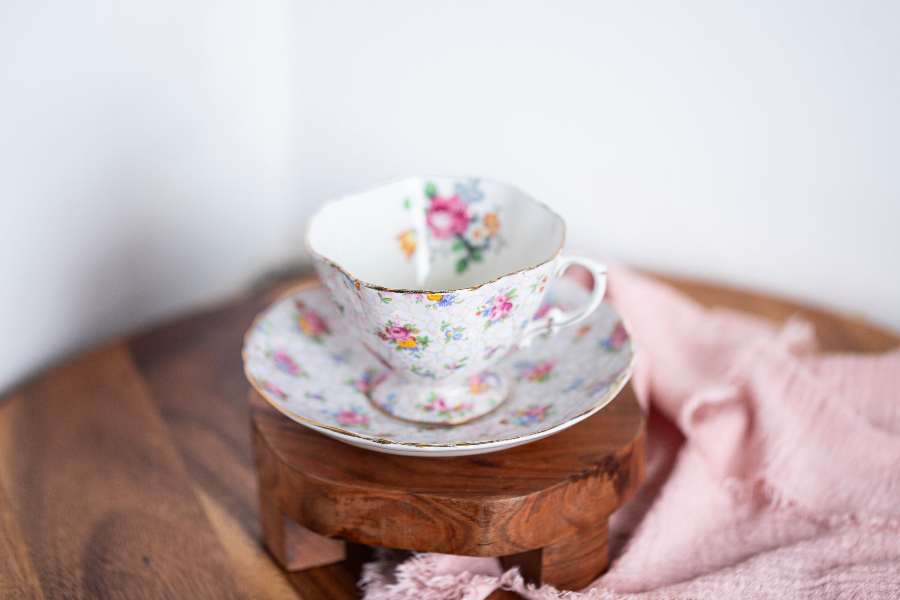 Cottagecore floral teacup and saucer set made in England by Hammersley