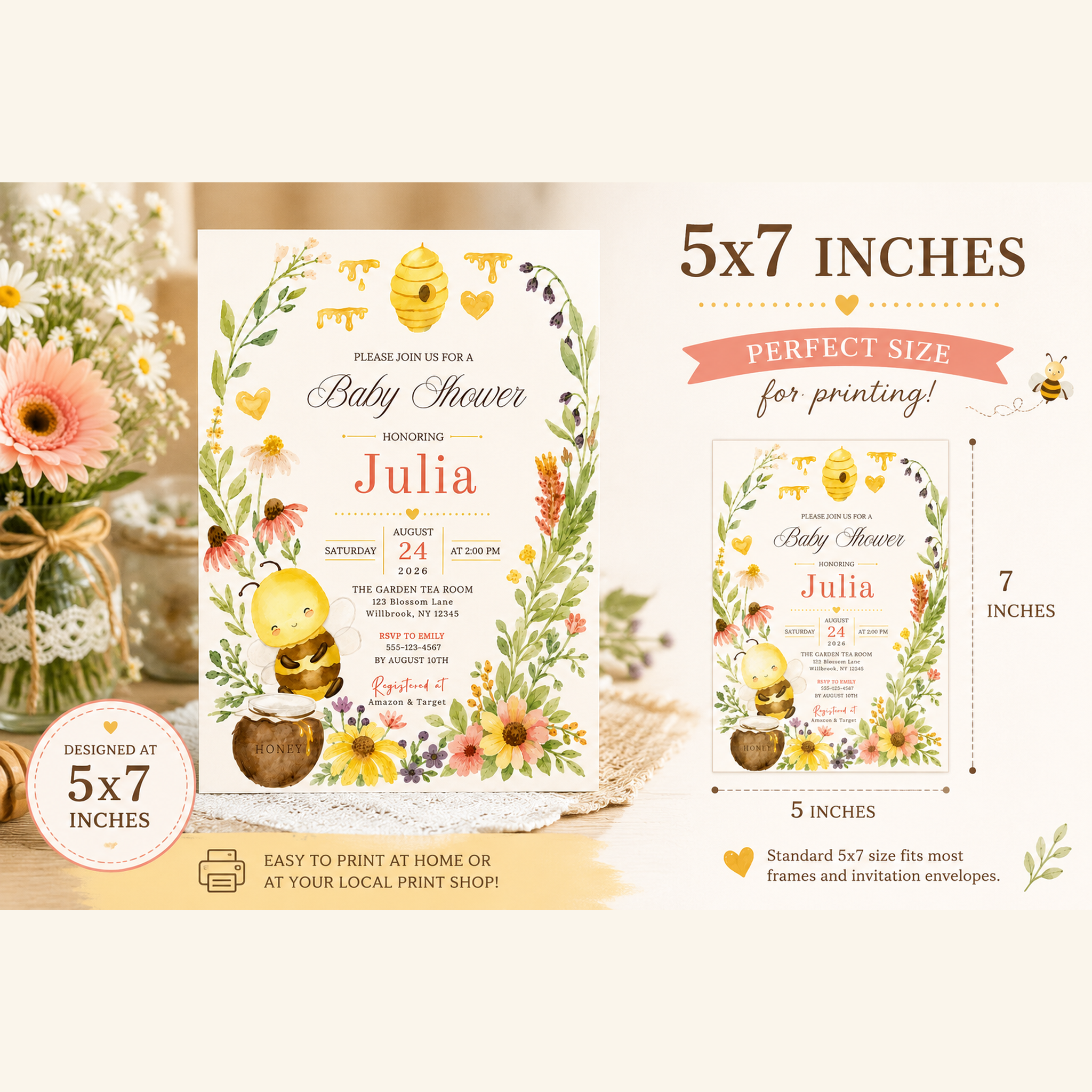 Honey bee baby shower invitation size guide showing a card measuring 5 inches wide by 7 inches tall.