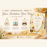 Canva template instructions explaining how to access the link, personalize the honey bee invitation, then download and print.