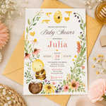 Honey bee baby shower invitation with watercolor wildflowers and a beehive, arranged on a yellow envelope beside flowers and honey.