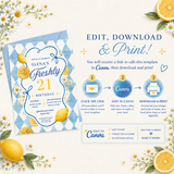 Lemon 21st birthday invitation Canva guide showing how to edit, download, print and share the template