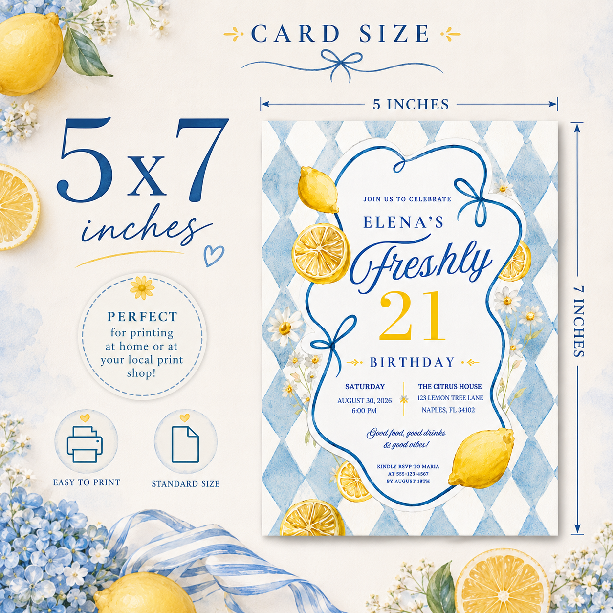 Lemon 21st birthday invitation size guide showing the printable 5×7 inch Canva template