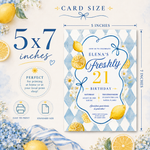 Lemon 21st birthday invitation size guide showing the printable 5×7 inch Canva template