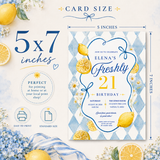 Lemon 21st birthday invitation size guide showing the printable 5×7 inch Canva template